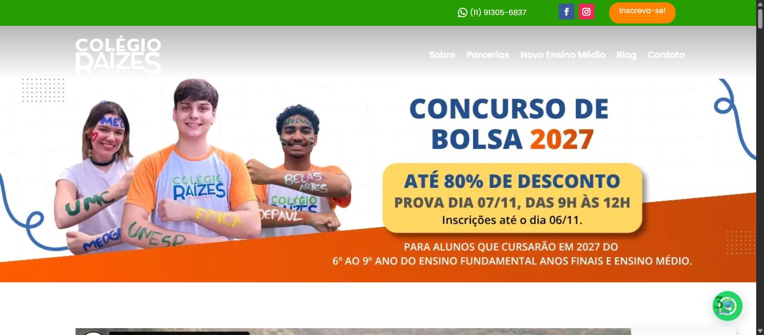 Primeira tela do site do Colégio Raízes, com o banner do Concurso de Bolsa 2027